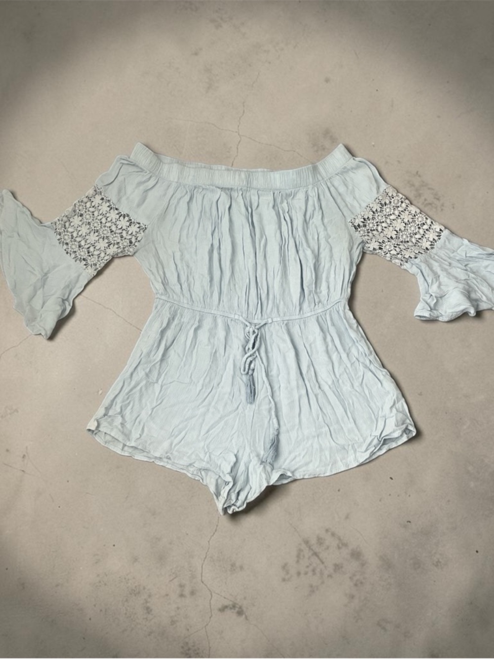 Blush Light Blue Off-Shoulder Crochet Sleeve Romper